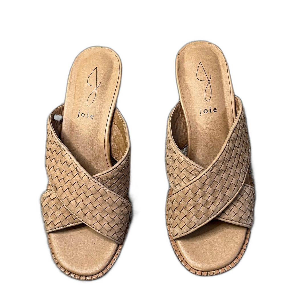 Joie Tan Criss Cross Woven Slide Block Heel Leather Sandals Size 7.5
